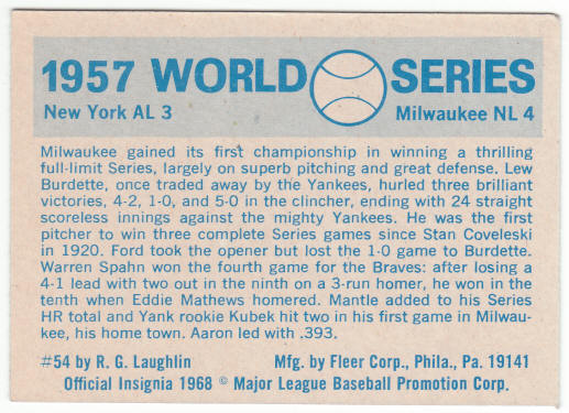 1970 Fleer 1957 World Series Card #54 back