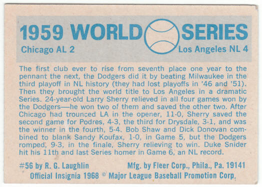 1970 Fleer 1959 World Series Card #56 back