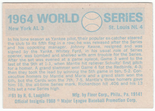 1970 Fleer 1964 World Series Card #61 back