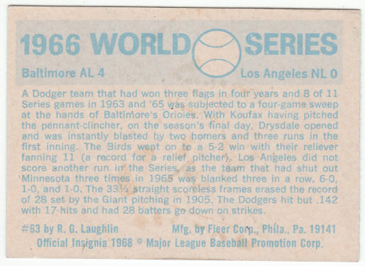 1970 Fleer 1966 World Series Card #63 back