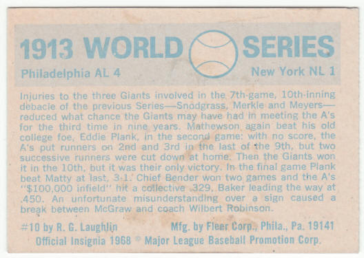 1970 Fleer #10 1913 World Series back