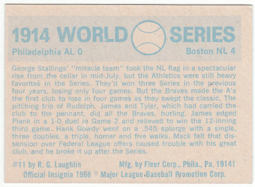 1970 Fleer Baseball 1914 World Series Card #11