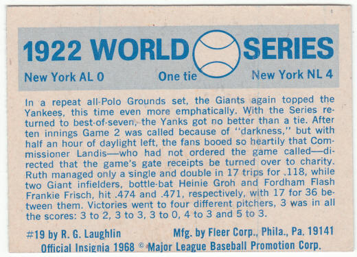 1970 Fleer Baseball 1922 World Series Card #19