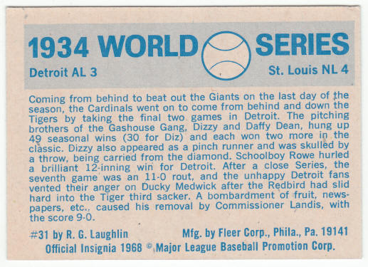 1970 Fleer Baseball #31 1934 World Series Card