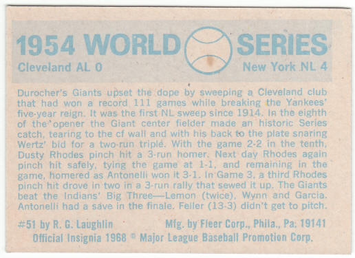 1970 Fleer Baseball 1954 World Series Card #51