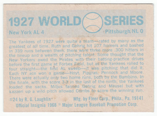 1970 Fleer 1927 World Series Card #24 Paul Waner Babe Ruth Lou Gehrig back