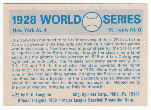 1970 Fleer 1928 World Series Card #25 Babe Ruth Lou Gehrig back