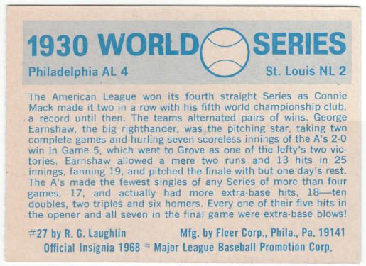1970 Fleer 1930 World Series Card #27 back