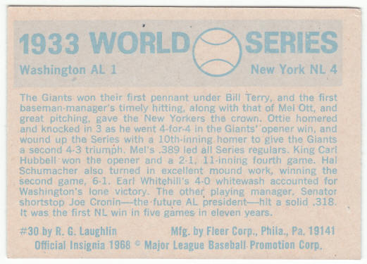 1970 Fleer #30 1933 World Series back