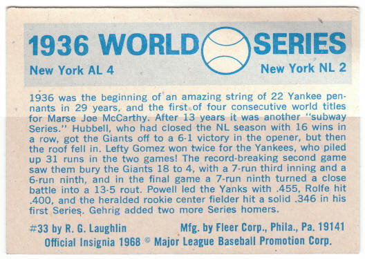1970 Fleer 1936 World Series Card #33 back