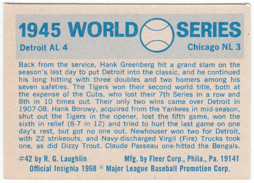 1970 Fleer 1945 World Series Card #42 back