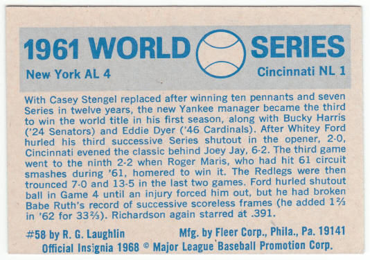1970 Fleer #58 1961 World Series back