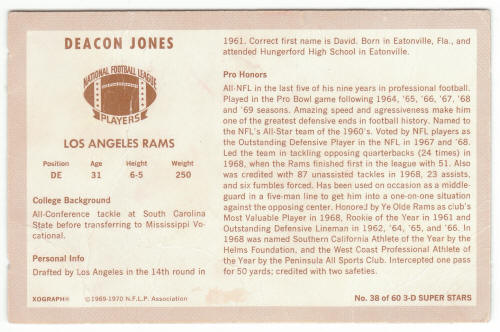 1970 Kelloggs Football #38 Deacon Jones back