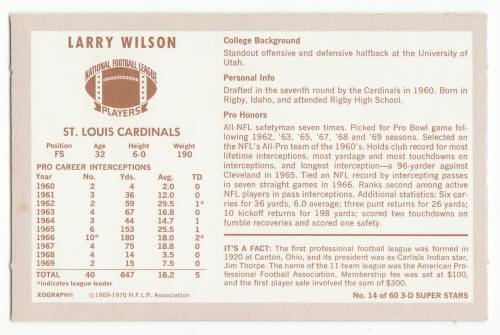 1970 Kelloggs Football Larry Wilson #14 back