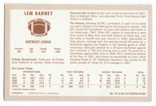 1970 Kelloggs Football Lem Barney #37 Rookie Card back