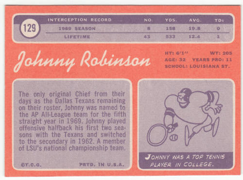 1970 Topps Football #129 Johnny Robinson back