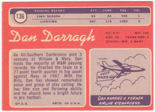 1970 Topps Football #136 Dan Darragh Rookie Card