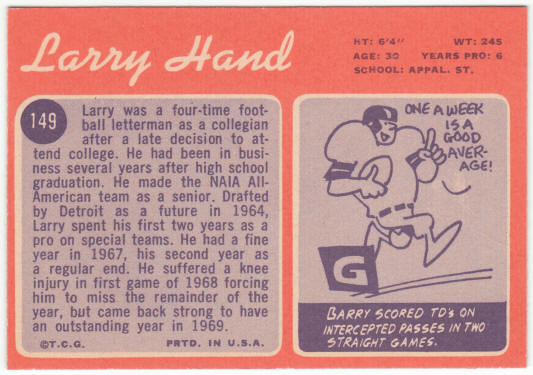 1970 Topps Football #149 Larry Hand Rookie Card