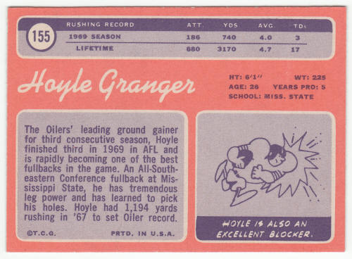 1970 Topps #155 Hoyle Granger Rookie Card back