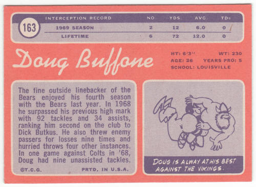 1970 Topps Football #163 Doug Buffone Rookie Card back