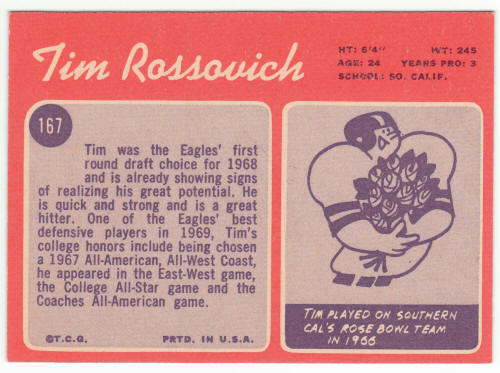 1970 Topps Football #167 Tim Rossovich Rookie Card back