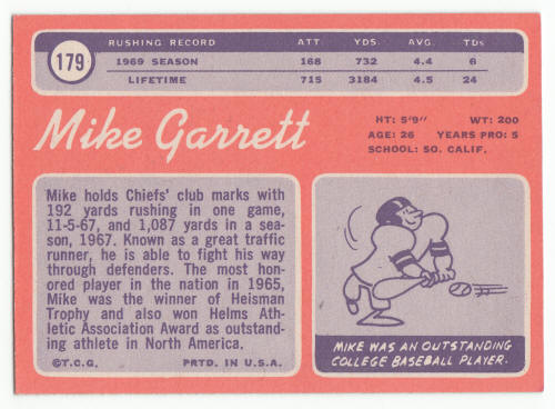 1970 Topps #179 Mike Garrett Football Rookie Card back