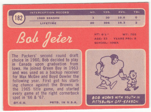 1970 Topps Football #182 Bob Jeter back