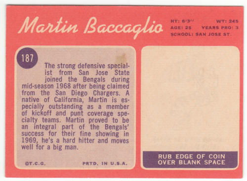 1970 Topps Football #187 Martin Baccaglio Rookie Card back