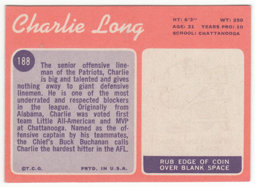 1970 Topps #188 Charlie Long back