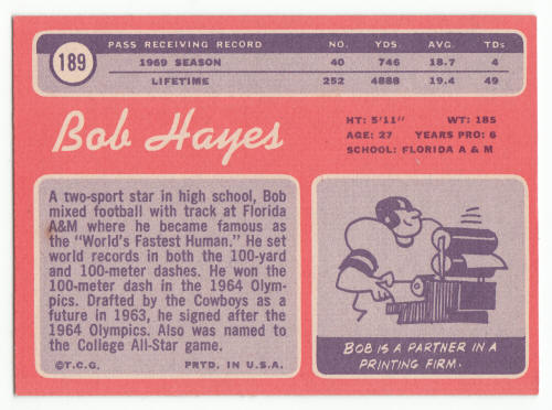 1970 Topps #189 Bob Hayes Football Card back