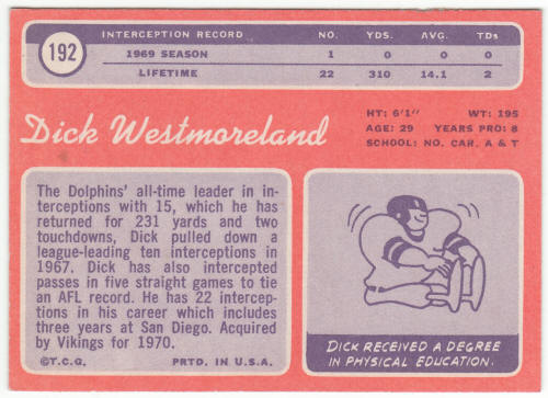 1970 Topps #192 Dick Westmoreland back