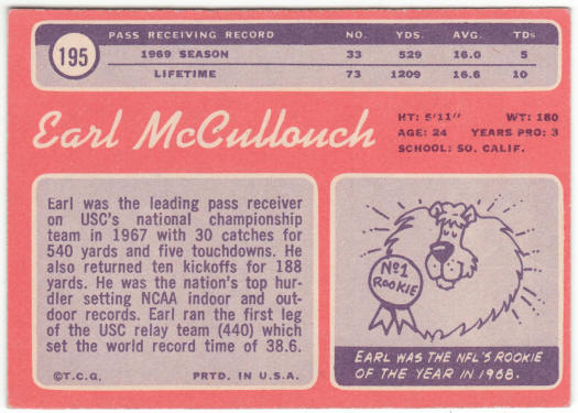 1970 Topps Football #195 Earl McCullouch Rookie Card