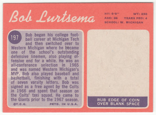 1970 Topps #197 Bob Lurtsema Rookie Card back