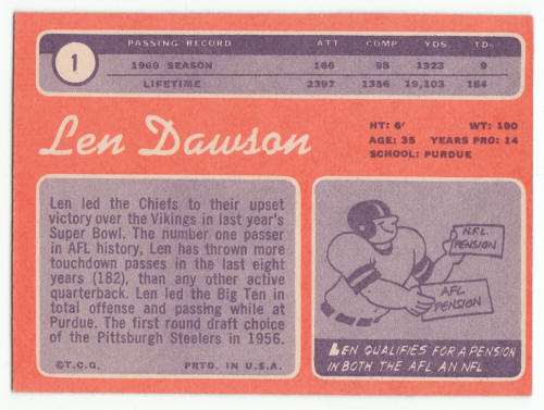 1970 Topps Len Dawson Card #1 back