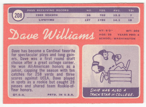 1970 Topps #208 Dave Williams back