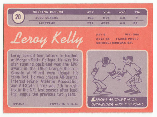 1970 Topps Leroy Kelly #20 back
