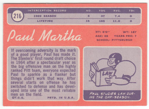 1970 Topps #216 Paul Martha back