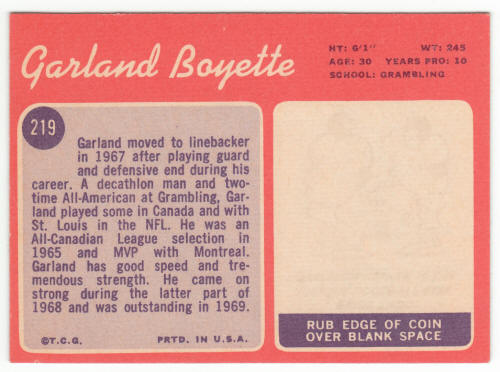 1970 Topps #219 Garland Boyette back