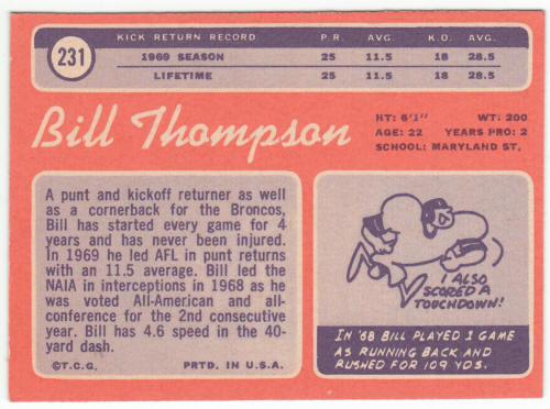 1970 Topps #231 Bill Thompson Rookie Card back