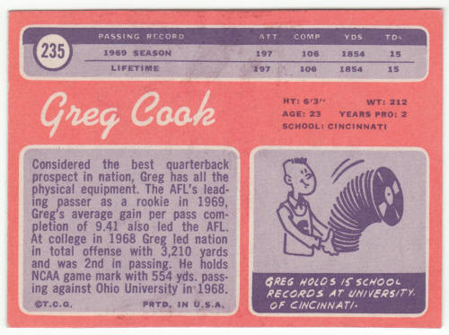 1970 Topps #235 Greg Cook Rookie Card back
