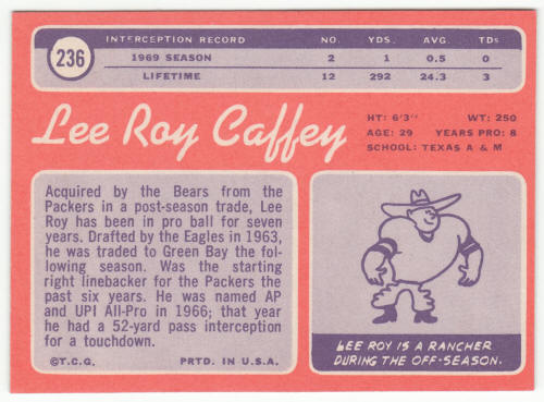 1970 Topps Football Card #236 Lee Roy Caffey back