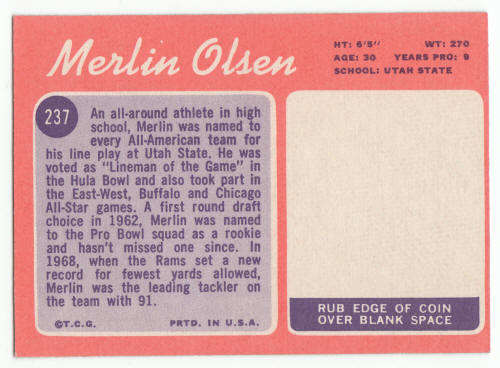 1970 Topps #237 Merlin Olsen Football Card back