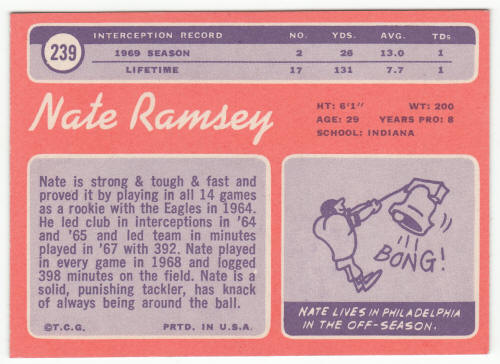 1970 Topps Football Card #239 Nate Ramsey back