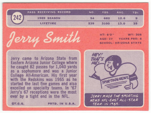 1970 Topps Football #242 Jerry Smith back