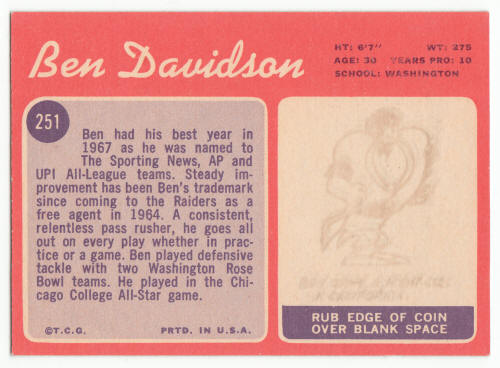1970 Topps #251 Ben Davidson Football Card back