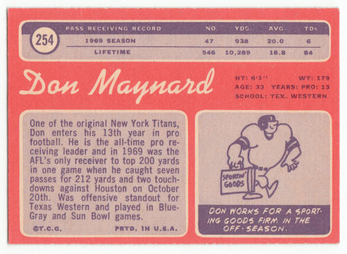 1970 Topps #254 Don Maynard Football Card back