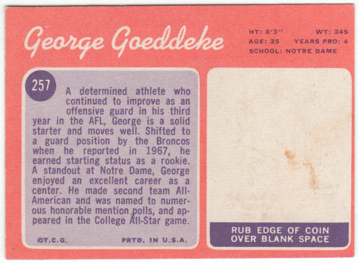 1970 Topps Football #257 George Goeddeke Rookie Card