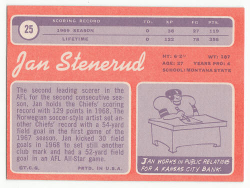 1970 Topps Jan Stenerud Rookie Card #25 back