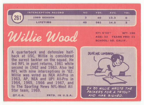 1970 Topps #261 Willie Wood Football Card back