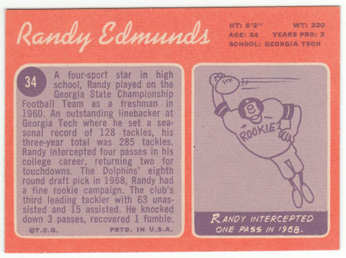 1970 Topps Football #34 Randy Edmunds Rookie Card back